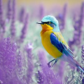 oiseau bleu et jaune dans un champ de lavande