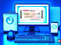 Ensemble multimédia - Smartphone, tablette, souris, clavier, écran d'ordinateur. L'écran de l'ordinateur affiche un exemple de pass numérique. Plus mini une icone bleue blanc rouge indiquant RF.